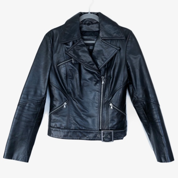 Express Black Leather Motorcycle Jacket - Picture 1 of 8